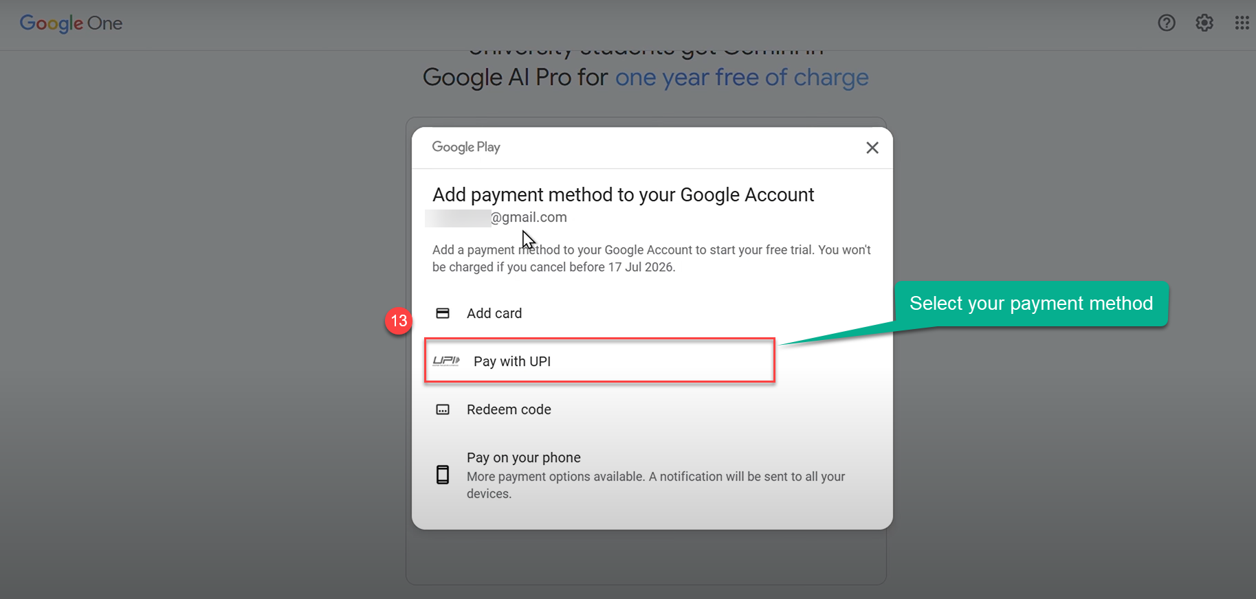 Screenshot of payment method selection for Gemini AI Pro